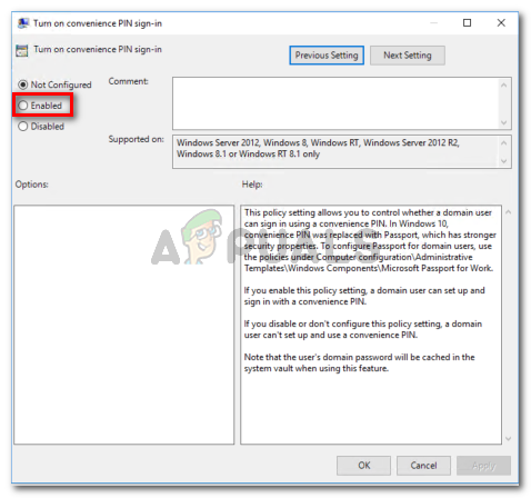 Set the Turn on convenience PIN sign-in policy to enabled