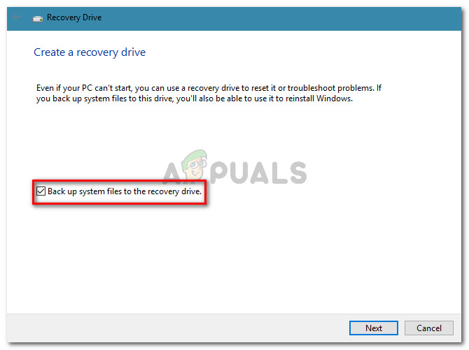Make sure that the Back up system files to the recovery drive checkbox is enabled
