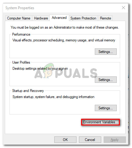 Access the Advanced tab to find Environment Variables