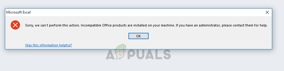 Sorry, we can't perform this action. Incompatible Office products are installed on your machine. If you have an administrator, please contact them for help.