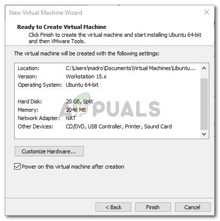 Finishing the cration of the new VMware virtual machine