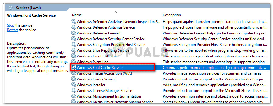 Double-click on Windows Font Cache service