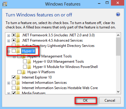 Uncheck the box associated with Hyper-V
