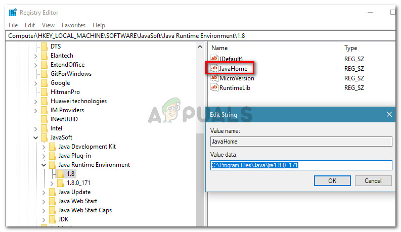 Copying the JavaHome path from registry Editor