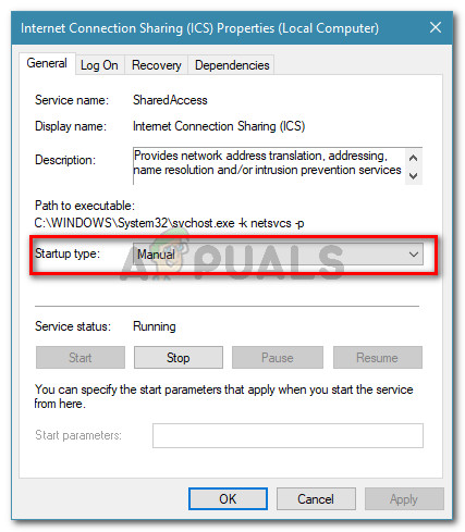 Setting the Startup type of the ICS to Manual