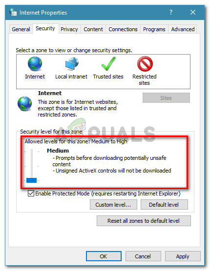 Setting the Security level for this zone to Medium