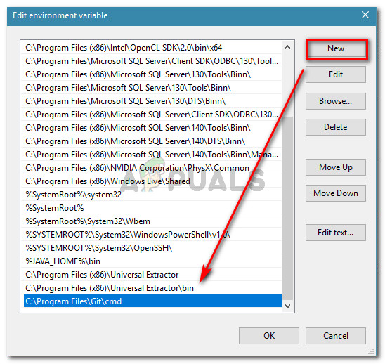 Click on New and paste the git.exe's location