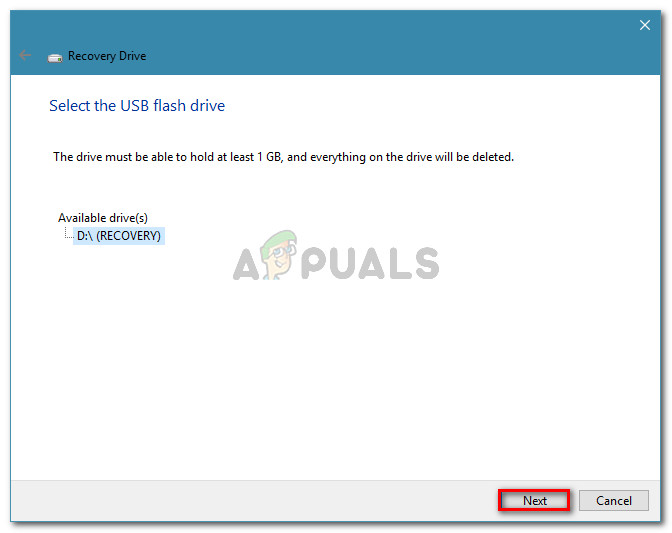Select the driver to serve as a recovery drive and click Next
