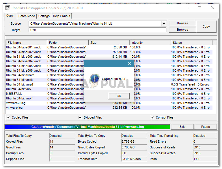 Batch source file transferred successfully with Roadkil's Unstoppable Copier
