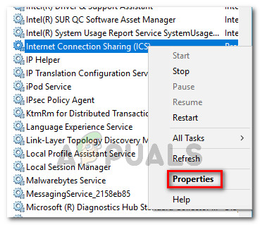 Right-click on Internet Connection Sharing and choose Properties