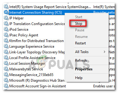 Stopping the Internet Connection Sharing (ICS) service