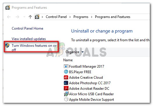 In Programs and Features, click on Turn Windows Features On or Off