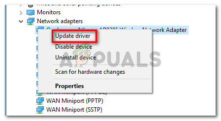 Right-click on your Wireless Network adapter driver and choose Update driver