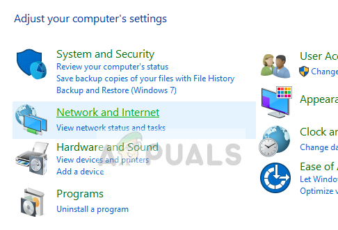 Network and Internet - Control Panel on Windows 10
