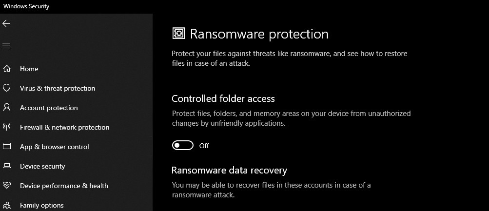 Manage Controlled folder access to Off