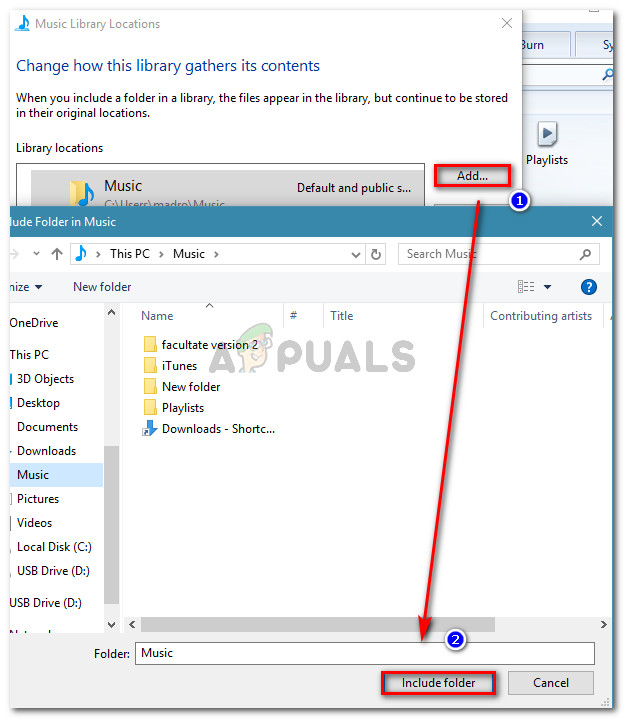 Click Add, browse to the location of Music folder and click Include Folder