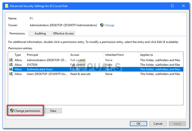 Select change permissions