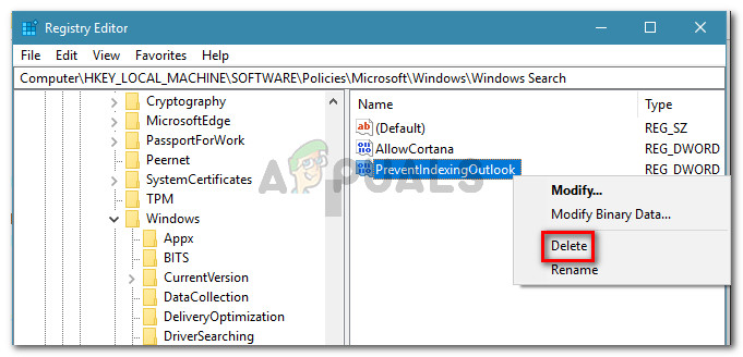 Deleting the PreventIndexingOutlook value