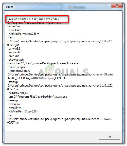 Java was started but returned exit code =13