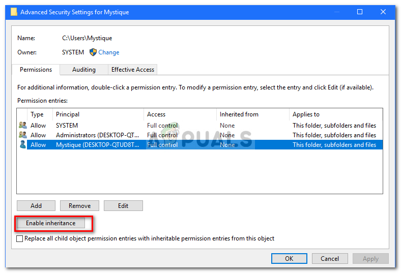 Highlight your user and click Enable Inheritance