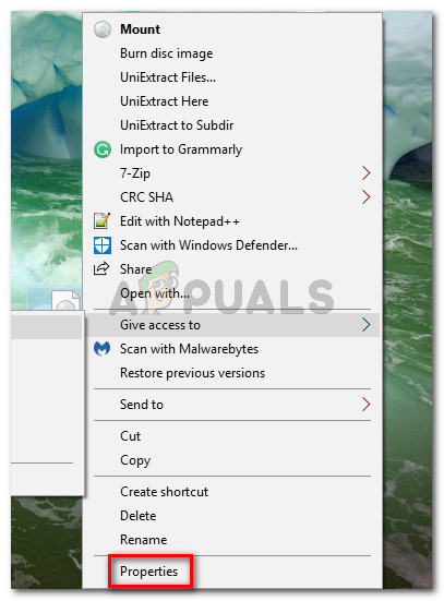 Accessing the Properties screen of the ISO file