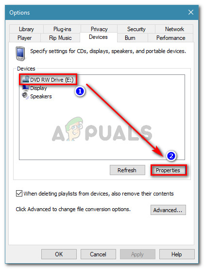 Go to the Devices tab, select your writer and click Properties