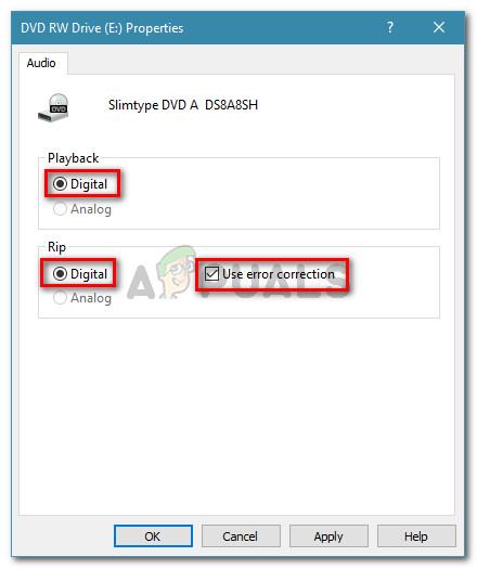 Set Playback and Rip to Digital, then enable Use error correction
