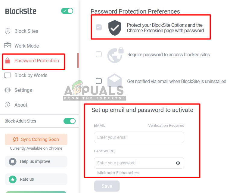 Password feature for Block Site