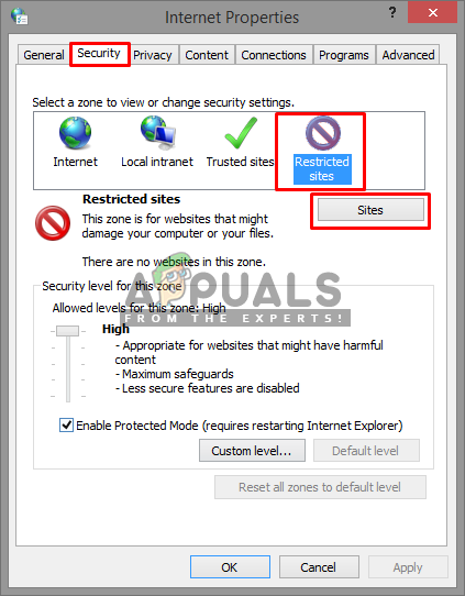 Selecting a restricted site in the security tab