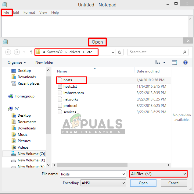Opening hosts file in the system directory
