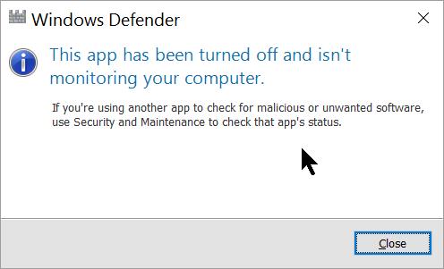 windows defender app has been turned off