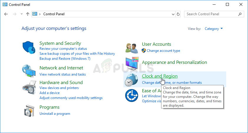 Clock and Region in Control Panel