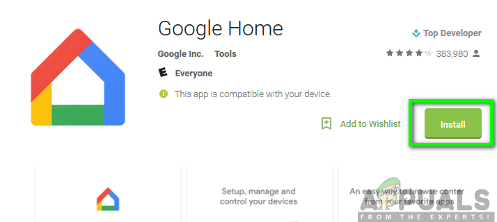Installing the Google Home app from the Google Play Store