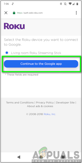 Selecting the Continue to the Google app option