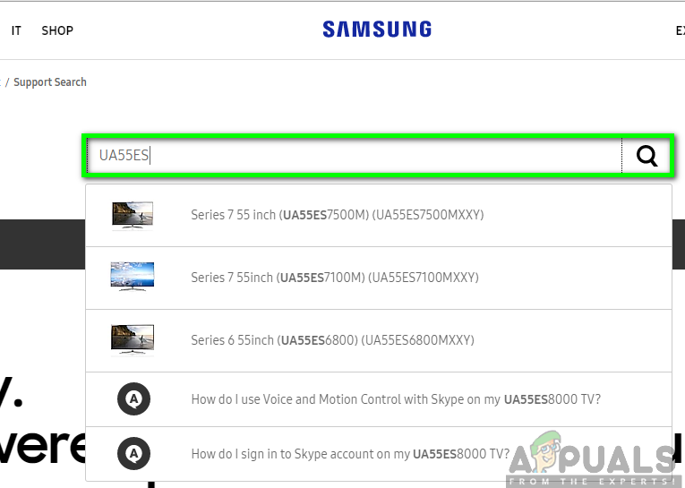 Entering the model number in the Search Support Box