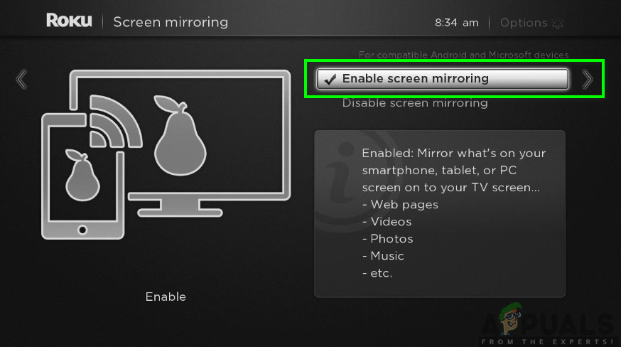 Enabling the screen mirroring feature