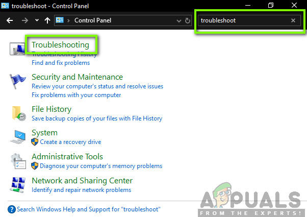 Selecting Troubleshooting - Control Panel