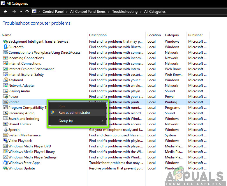 Selecting Printer Troubleshooter