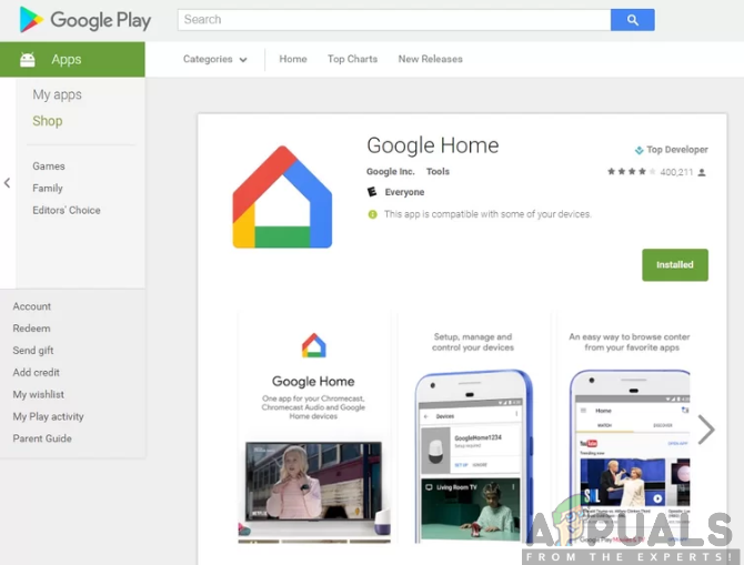 Installing the Google Home app from the Google Play Store