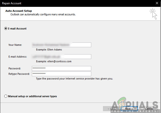 Entering Account Details - Outlook