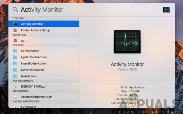 Searching for Activity Monitor - Mac OS
