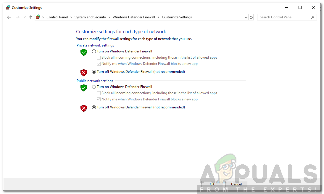 Turning off Windows Firewall