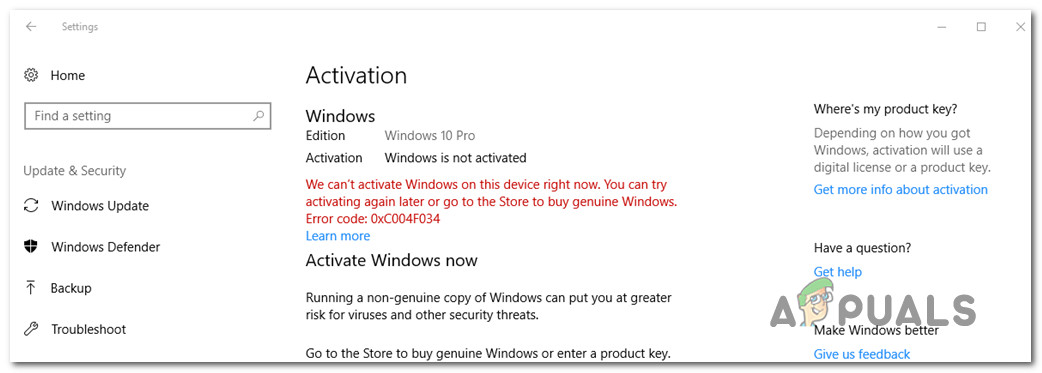 How To Fix Windows 10 Activation Error 0xc004f034 Appuals Com