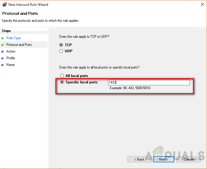 Allowing SQL Server port 1433 in firewall