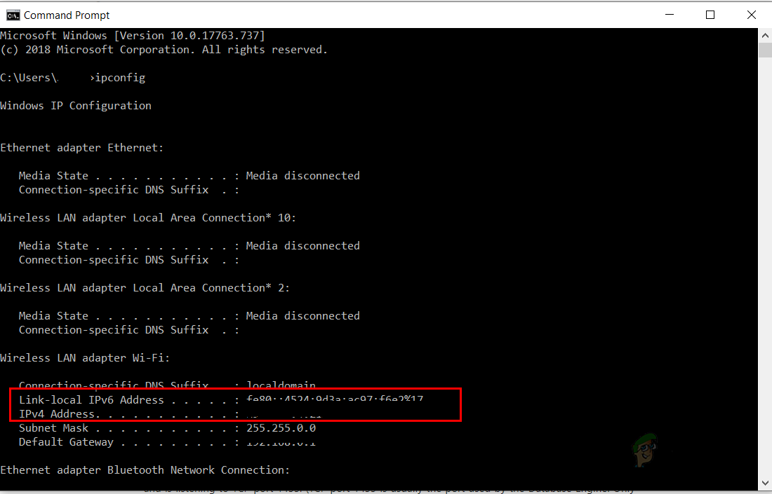 Finding local IPv4 address with ipconfig
