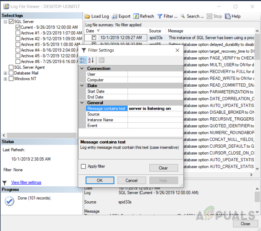 Filtering SQL Server logs to find listening port