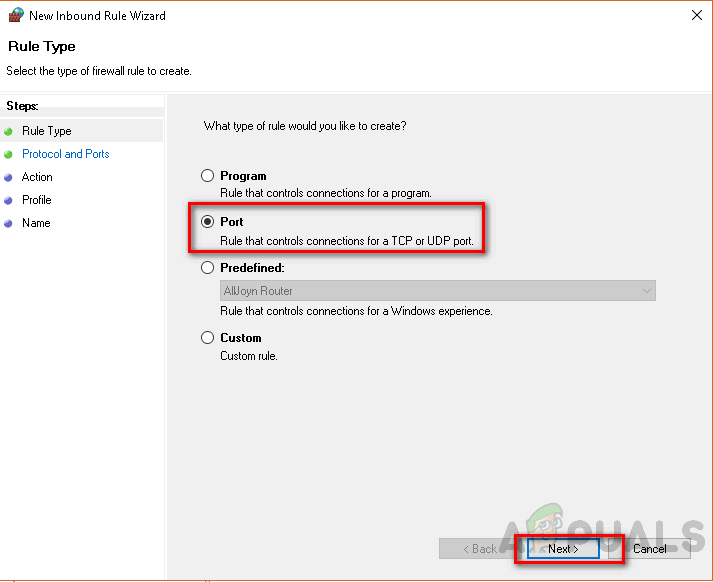 Selecting port rule in Windows Firewall