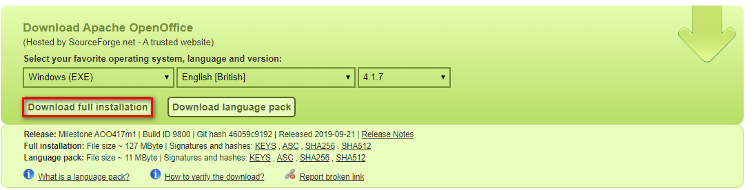 Downloading the Full installation button
