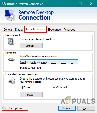 Changing Keyboard combination settings in Remote Desktop Connection