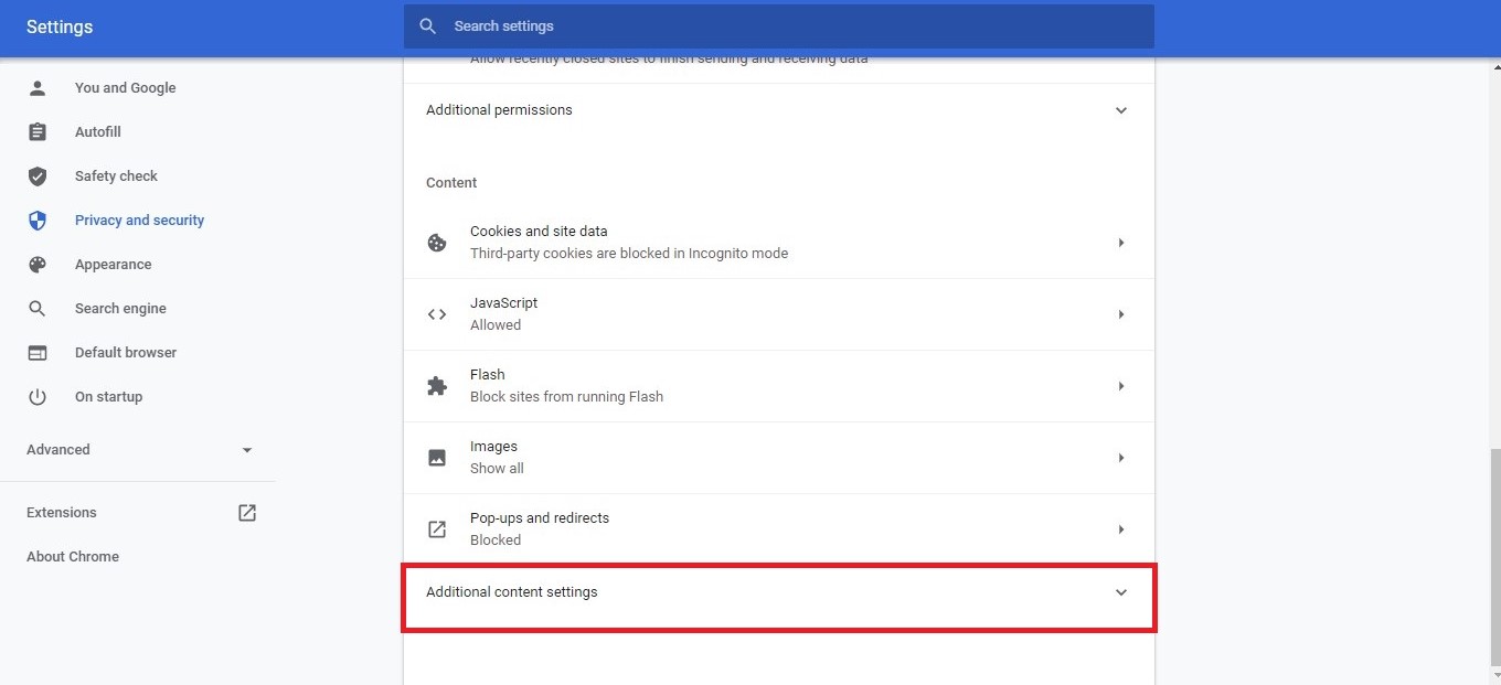 Click on Additional content settings